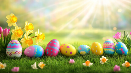 Colorful Easter eggs on green grass with daffodils and tulips, with copy space for text. Spring background 