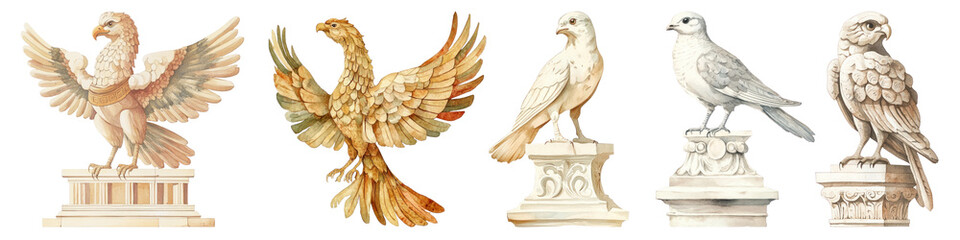 Obraz premium PNG Elegant bird sculptures on pedestals, element set on transparent background