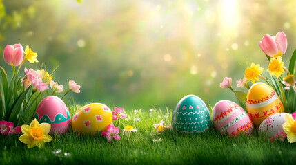 Colorful Easter eggs on green grass with daffodils and tulips, with copy space for text. Spring background 