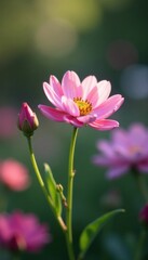 A delicate flower blooms in a soft focus garden, foliage, soft light blurred background, outdoor