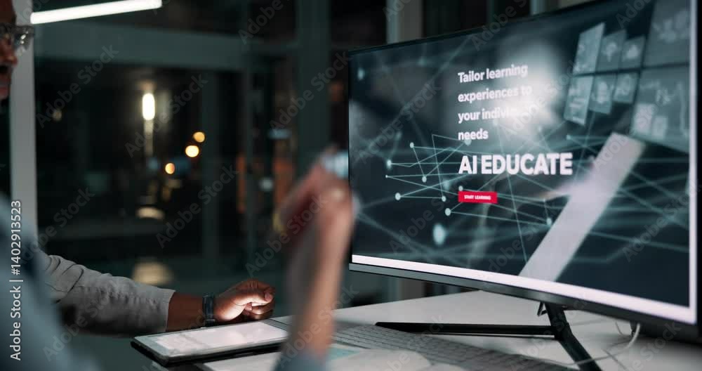 Poster hands, computer screen and education for ai research in office, night or development for course desi