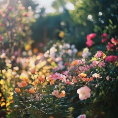 A sunlit garden features colorful roses in full bloom