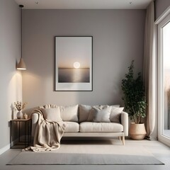Fototapeta premium Cozy Minimalist Living Room Interior with Beige Sofa and Ocean Sunset Artwork