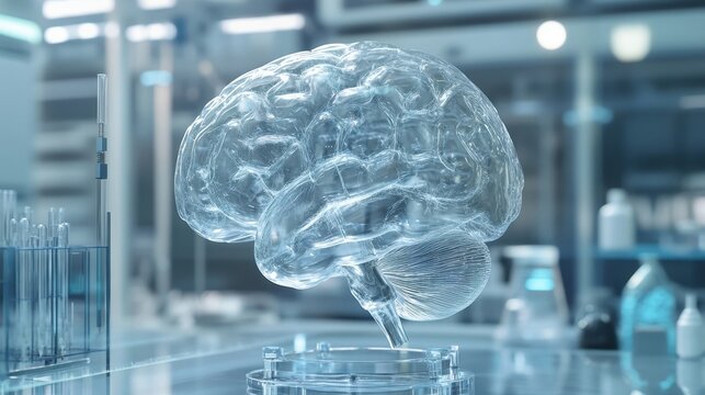 Exploration of advanced artificial intelligence with a realistic glass brain displaying intricate data flow in a sterile lab environment