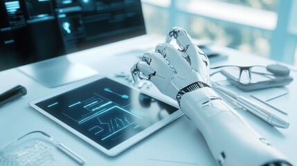 Sleek futuristic prosthetic arm alongside innovative technology elements in a modern workspace enhancing bioengineering possibilities