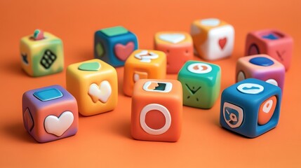 Colorful cubes with abstract icons on orange background, symbolizing creativity and modern design.
