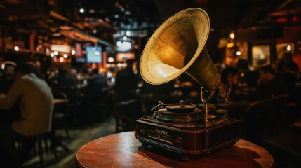 Obraz premium Vintage gramophone on wooden table with a blurred jazz club background evoking a nostalgic atmosphere of music and entertainment from a bygone era 
