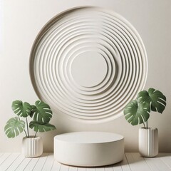 Fototapeta premium Minimalist product display with monstera plant and white geometric background