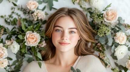 Naklejka premium Fresh flowers in soft pastel shades create a serene and calming atmosphere for wellness and home decor accompanied by lush greenery on a neutral background