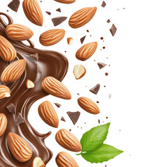 Fototapeta premium Almond and Chocolate Splash: A mesmerizing, high-quality image featuring a decadent chocolate swirl and scattered almonds, capturing the essence of a delicious and satisfying snack. 