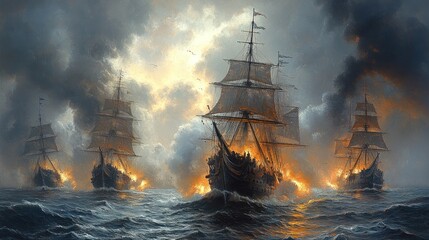Obraz premium Naval Battle at Sunset: Burning Ships in a Dramatic Seascape