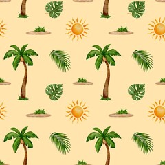 Tropical safari adventure filled with vibrant palm trees and sunny landscapes in watercolor art