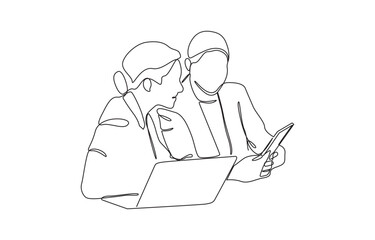 Continuous one line drawing company founders discussing innovation ideas, Single continuous line drawing of two young male and female startup founders.