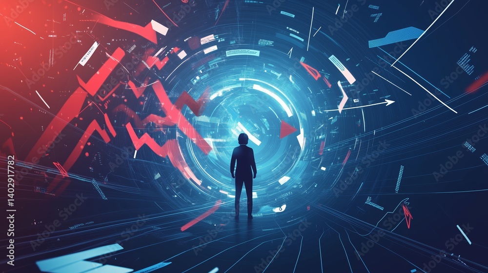 Poster digital landscape depicting a figure surrounded by data streams and analysis metrics in a futuristic