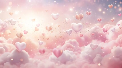 Romantic heartshaped balloons float amidst pastel clouds and sparkling lights, a dreamy valentine's day scene.