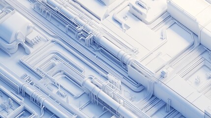 Complex Industrial Network of White Pipes and Cables 3D Rendering Detailed View