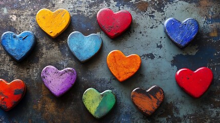 A set of heart-shaped magnets in vibrant colors on a metallic surface 