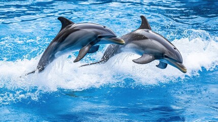 Naklejka premium Two playful dolphins leaping gracefully in a vibrant blue pool.