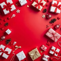 Christmas Gift Presents Red Background Flatlay