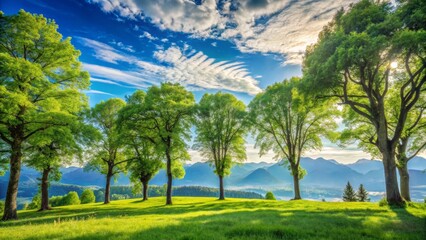 Serene Spring Meadow Landscape Majestic Trees Frame Picturesque Mountain Vista Under a Vivid Sky