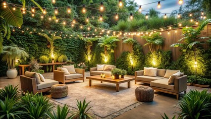 Obraz premium Serene Evening Ambiance in a Lush Outdoor Patio with Warm Lighting and Comfortable Seating