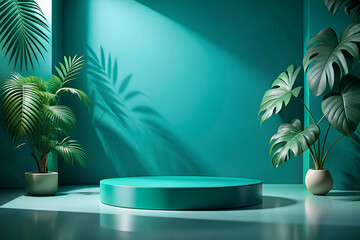 Obraz premium Teal background studio podium green gradient backdrop summer product Blue Shadow Backdrop Background Product Light Leaf Wall Podium Abstract Leaves Minimal Table Presentation , Loft Platform Floor