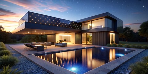 Fototapeta premium Modern Architectural Design of a Luxury Residence at Dusk with a Swimming Pool and Landscaped Grounds
