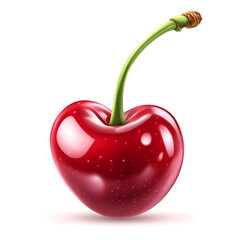 A fresh and vibrant cherry with a glossy red color and green stem, isolated white background, hyperrealism art style