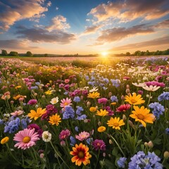 Obraz premium Sunset over a Vibrant Wildflower Meadow