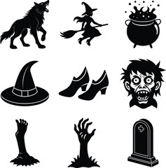 set of black silhouettes of halloween monsters