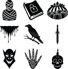srt of different halloween silhouette on white background