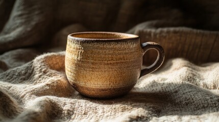 A ceramic coffee mug resting on soft natural textured fabric