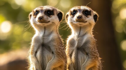 Fototapeta premium Two meerkats standing guard, alert and watchful.