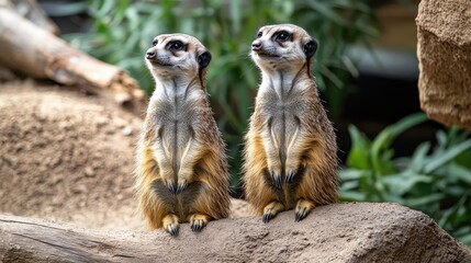 Fototapeta premium Two meerkats perched alertly on a rock.
