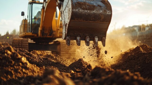 Excavator operator maneuvering heavy equipment. Featuring control and focus