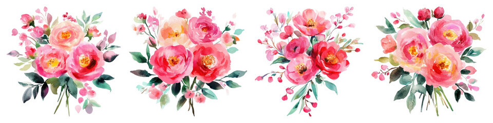 PNG Vibrant watercolor floral bouquets, element set on transparent background
