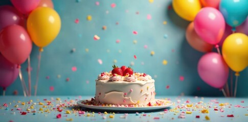 Colorful confetti and balloons fill the air as a large cake sits center stage , Balloons, Celebration