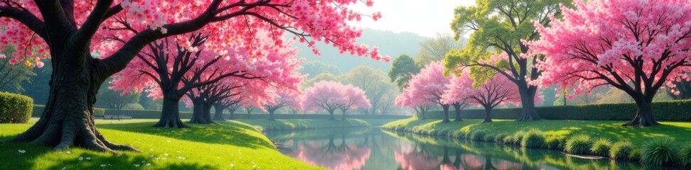 Serene park landscape with blooming cherry blossoms and trees, cherry blossom, tree bark