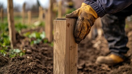Obraz premium Fence installer securing a wooden post into the ground. Featuring precision and property enhancement