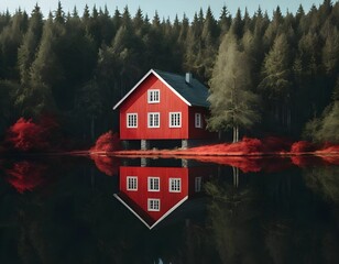 Obraz premium Red Cabin Reflection on Calm Lake