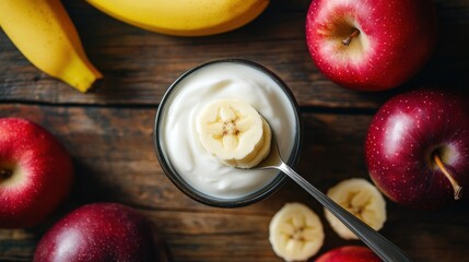 Yogurt with banana slices and red apples on wooden background.