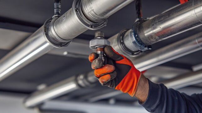 Fire sprinkler installer securing pipes on a ceiling. Featuring technical skill and precision