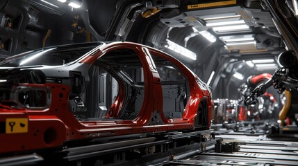 Fototapeta premium Red car body moving along assembly line in futuristic car factory