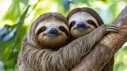 Fototapeta premium Two adorable sloths cuddling in a tree.