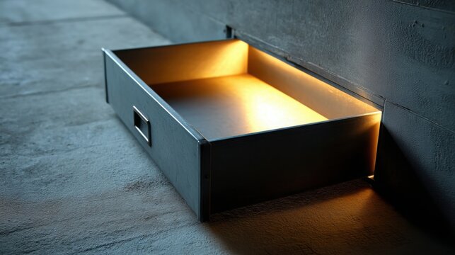 An open cash drawer on the ground emitting a warm glow symbolizing financial security and transaction reliability