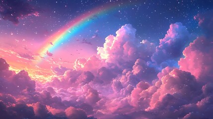 Dreamy Pink Clouds and Crescent Moon, A dreamy, surreal landscape with pink clouds and trees under a glowing crescent moon
