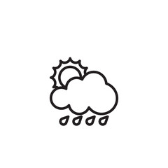 A line drawing depicting a partly sunny and rainy weather condition. The sun is partially visible behind a cloud, with four raindrops falling below.