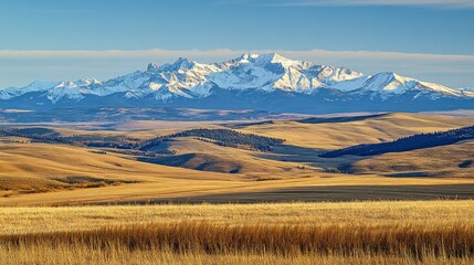 A beautiful landscape of mountains and open grassy fields appears