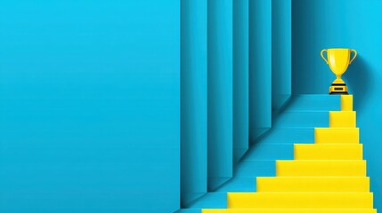 A yellow trophy floating above a podium step on a blue background symbolizing achievement, success, and recognition