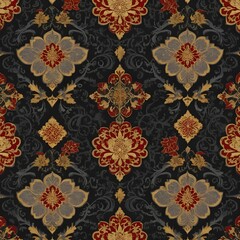 Seamless Damask Pattern in Red, Gold, and Grey